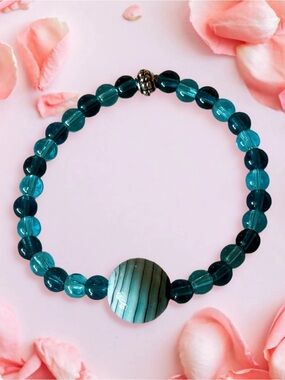 Hand Crafted Teal Beaded Stretch Bracelet with Striped Focal Bead